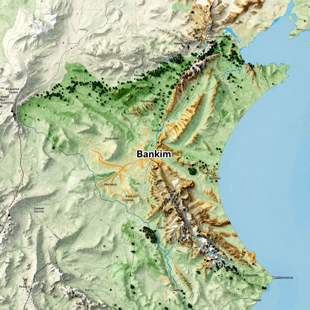 Physical geography map showing terrain, mountains, rivers, and natural features of Bankim, Cameroon