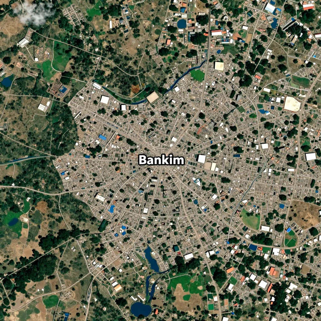 High-resolution satellite image of Bankim, Cameroon showing land cover, urban areas, and natural features from space