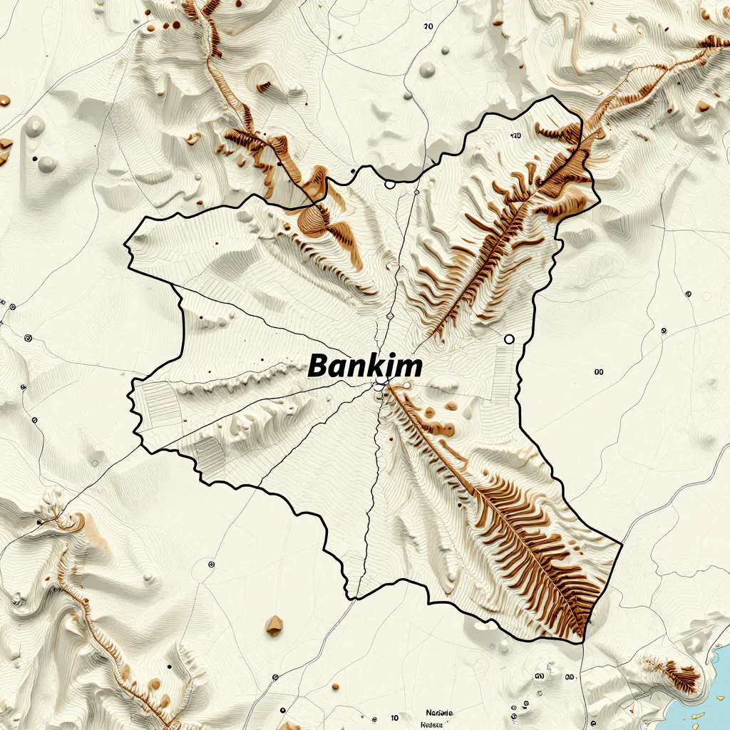 3D topographic map showing elevation contours, mountain ranges, and terrain features of Bankim, Cameroon