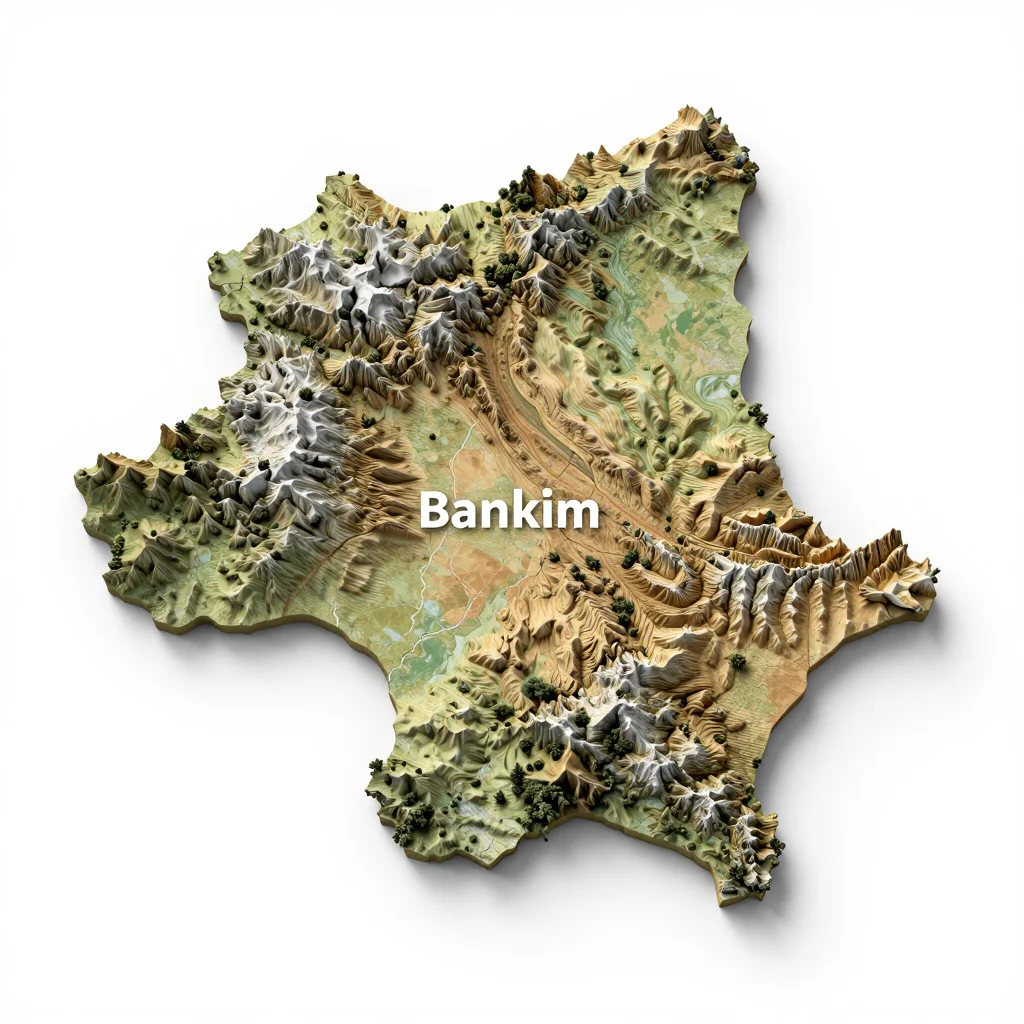 Isometric 3D topographic visualization showing elevation and terrain of Bankim, Cameroon