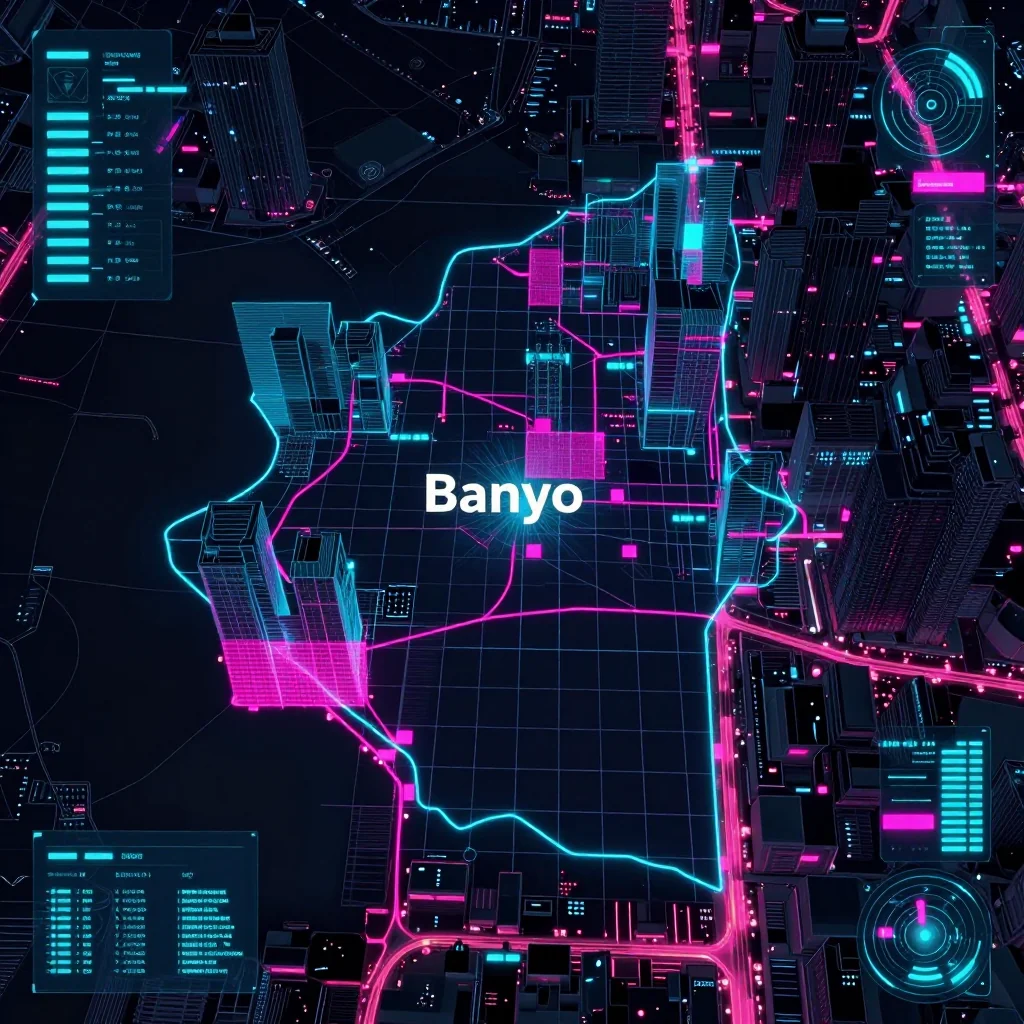 Futuristic Cyberpunk Map of Banyo, Cameroon Cyberpunk style digital map of Banyo, Cameroon with neon grid lines and futuristic UI design