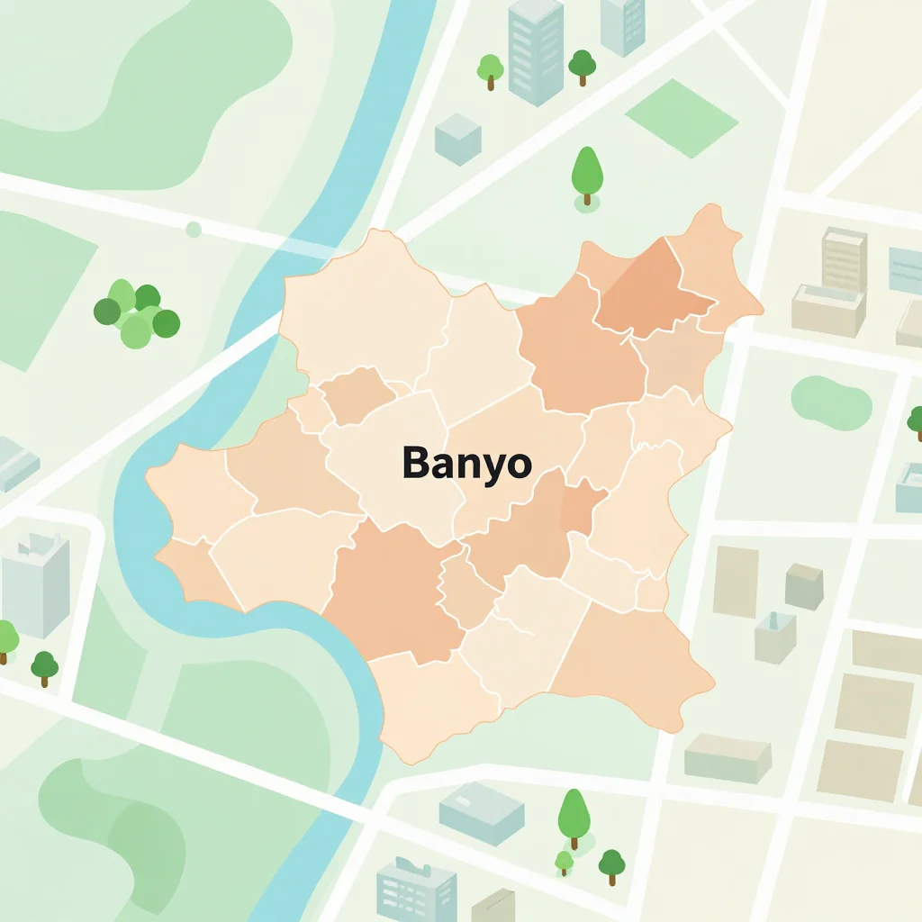 Isometric Tourist Map of Banyo, Cameroon - Flat Design Isometric flat design tourist map of Banyo, Cameroon showing landmarks, attractions, and points of interest