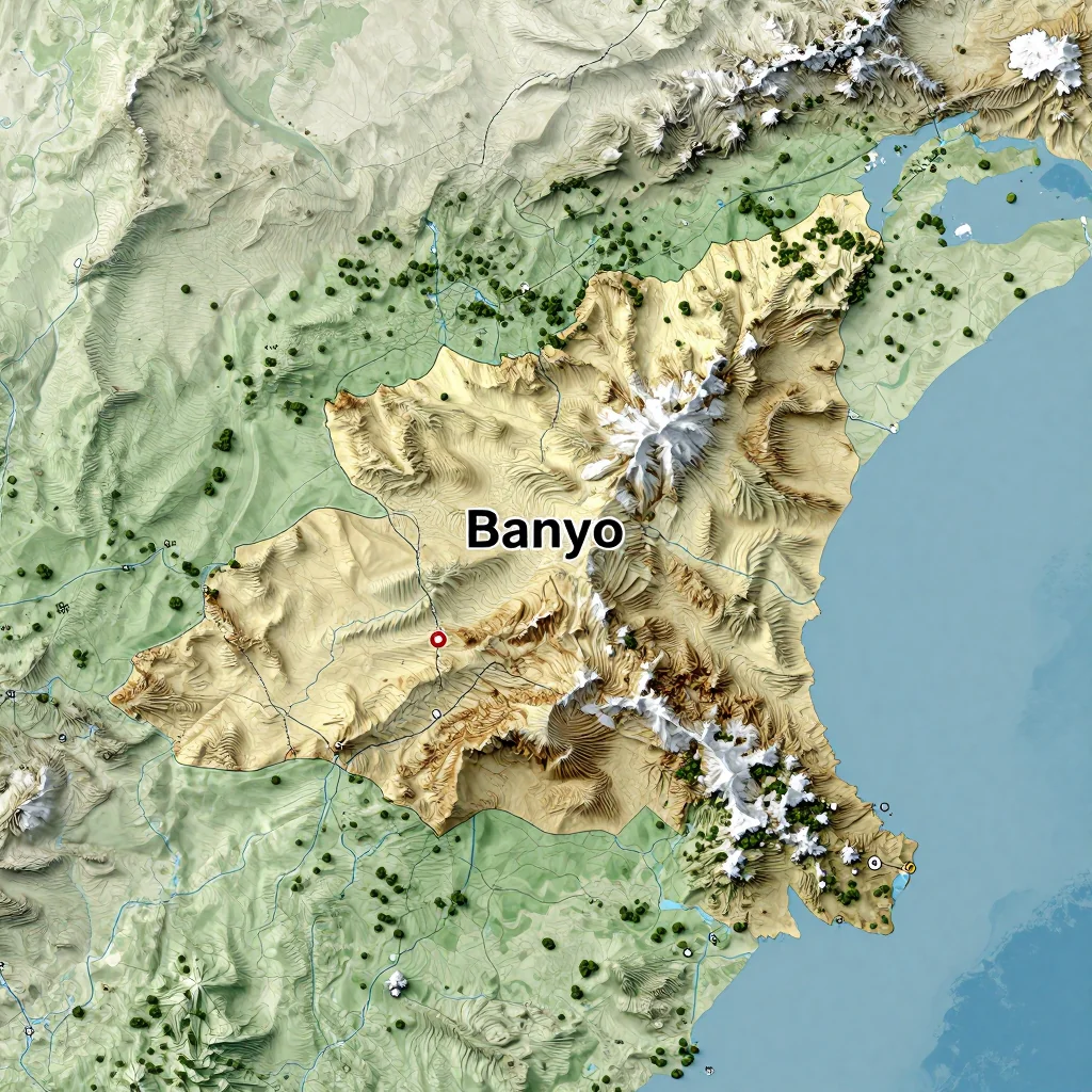 Physical Geography Map of Banyo, Cameroon Physical geography map showing terrain, mountains, rivers, and natural features of Banyo, Cameroon