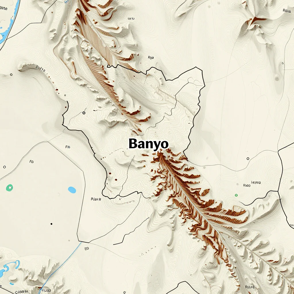 Topographic Relief Map of Banyo, Cameroon 3D topographic map showing elevation contours, mountain ranges, and terrain features of Banyo, Cameroon