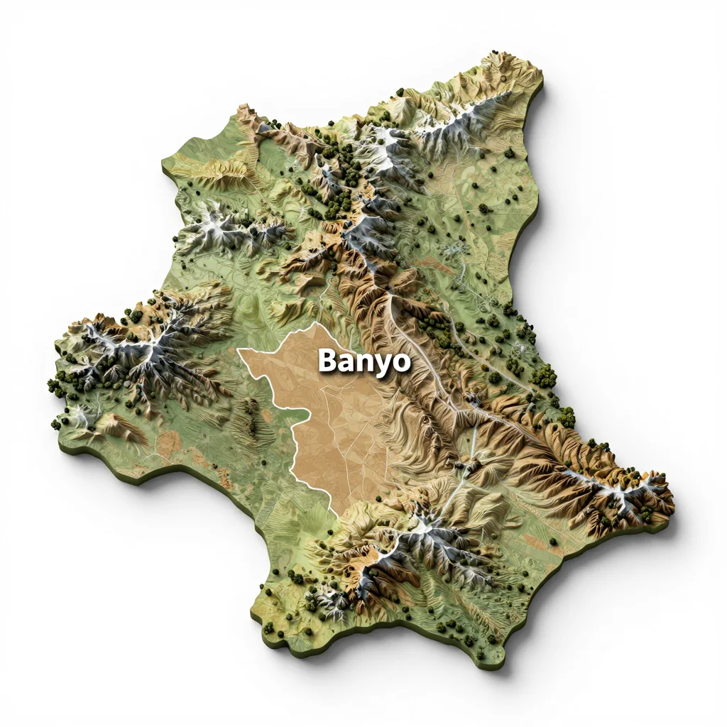 3D Isometric Topographic Map of Banyo, Cameroon Isometric 3D topographic visualization showing elevation and terrain of Banyo, Cameroon