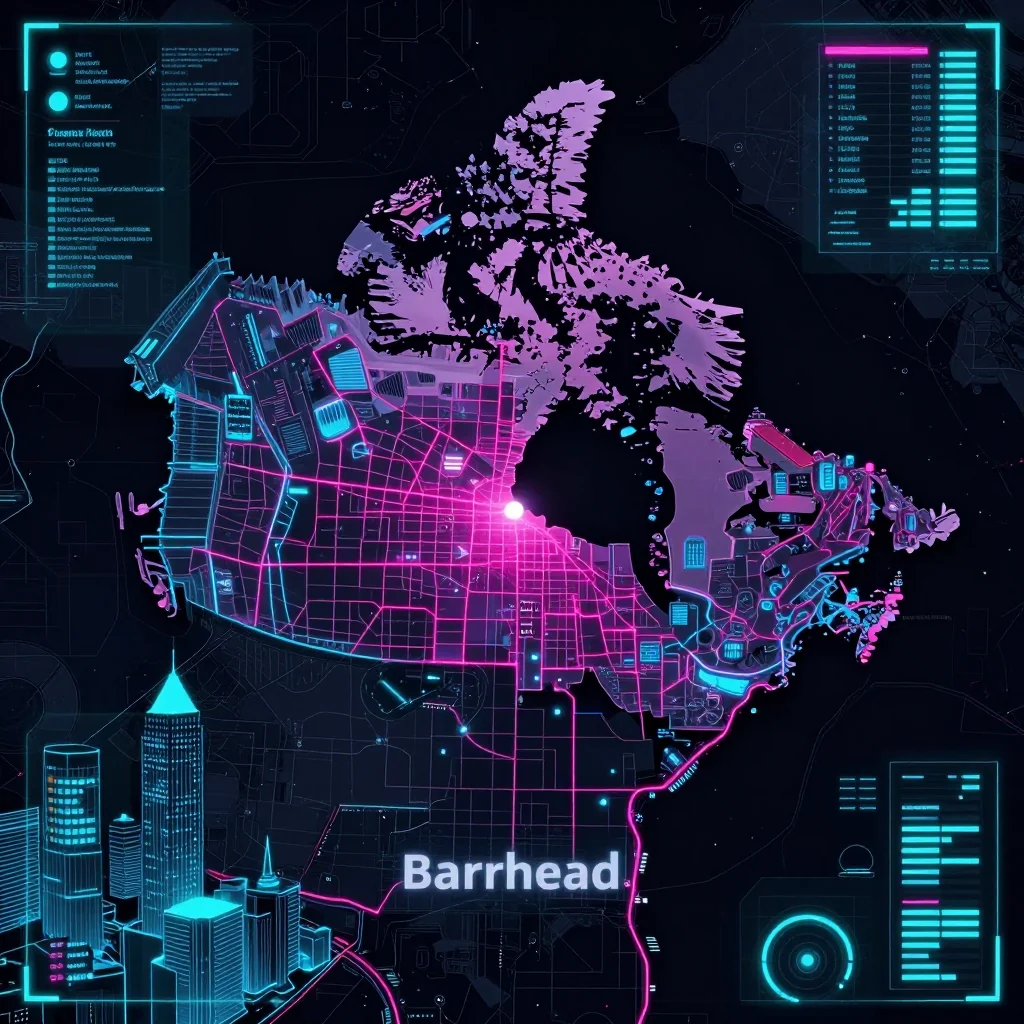 Cyberpunk style digital map of Barrhead, Canada with neon grid lines and futuristic UI design