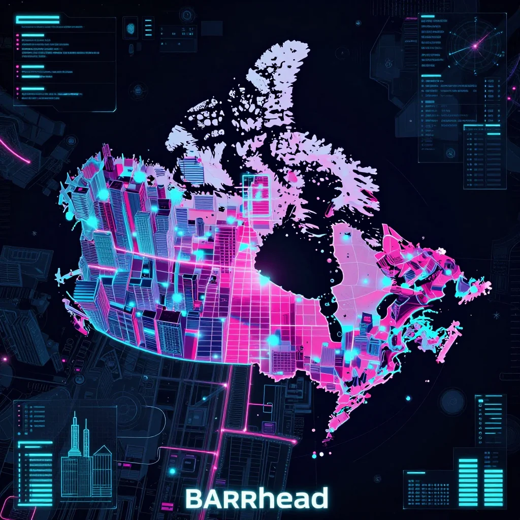 Cyberpunk style digital map of Barrhead, Canada with neon grid lines and futuristic UI design