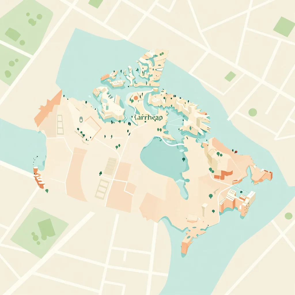 Isometric flat design tourist map of Barrhead, Canada showing landmarks, attractions, and points of interest
