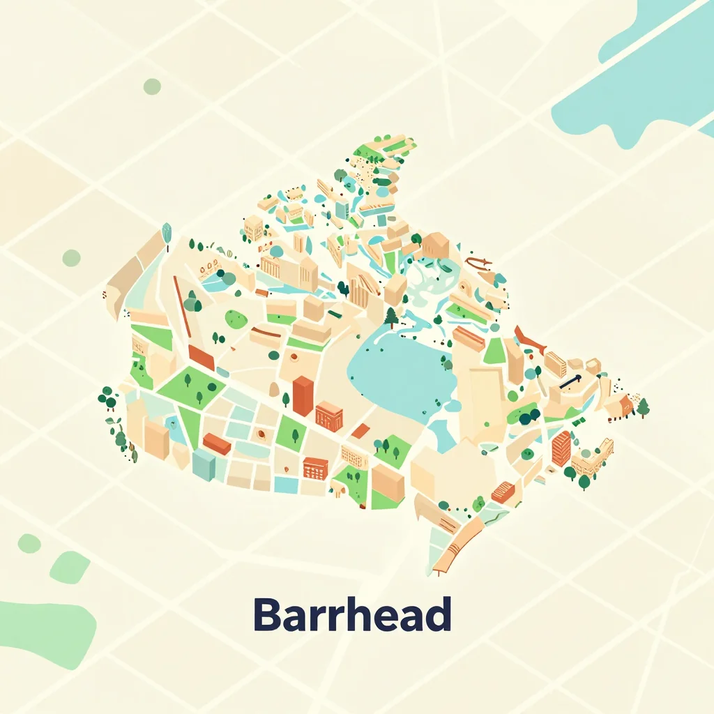 Isometric flat design tourist map of Barrhead, Canada showing landmarks, attractions, and points of interest