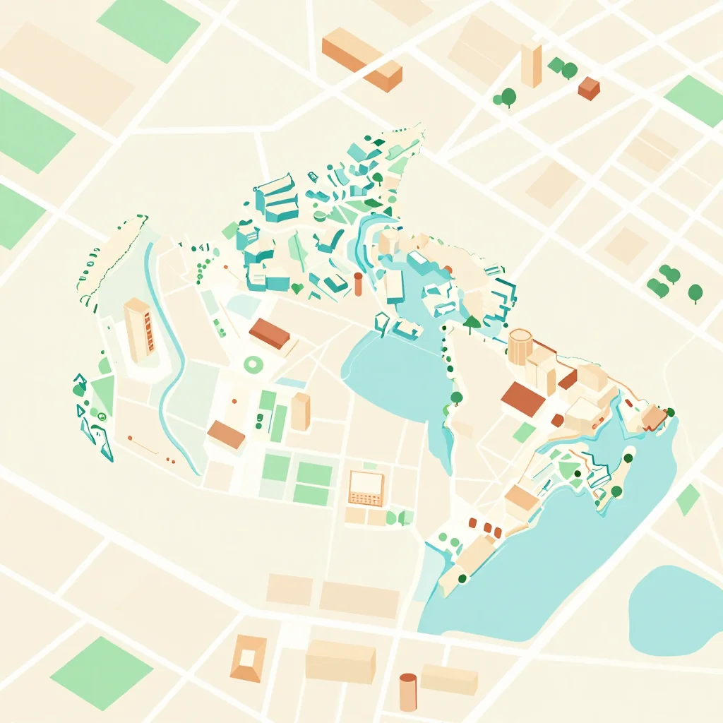 Isometric flat design tourist map of Barrhead, Canada showing landmarks, attractions, and points of interest