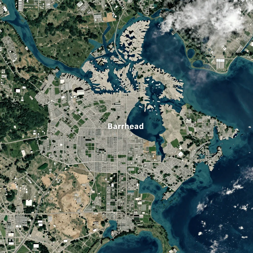 High-resolution satellite image of Barrhead, Canada showing land cover, urban areas, and natural features from space