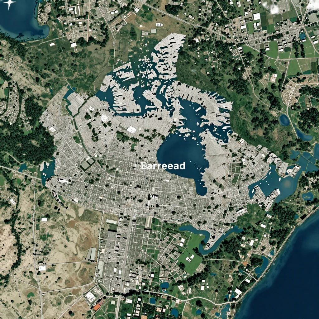 High-resolution satellite image of Barrhead, Canada showing land cover, urban areas, and natural features from space