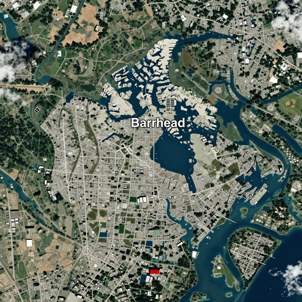 High-resolution satellite image of Barrhead, Canada showing land cover, urban areas, and natural features from space