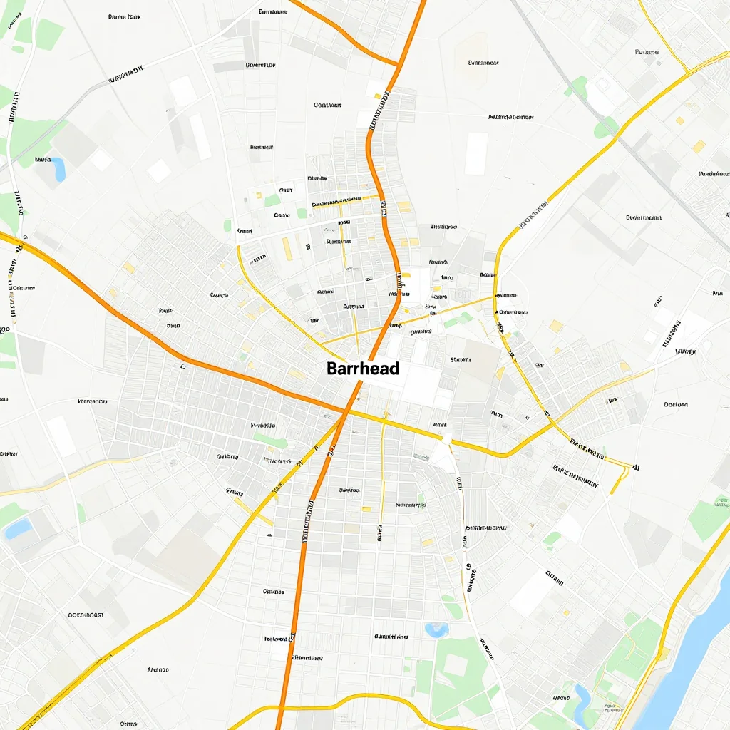 Detailed street map showing roads, highways, neighborhoods, and urban layout of Barrhead, Canada