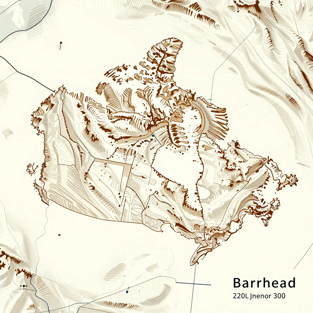 3D topographic map showing elevation contours, mountain ranges, and terrain features of Barrhead, Canada