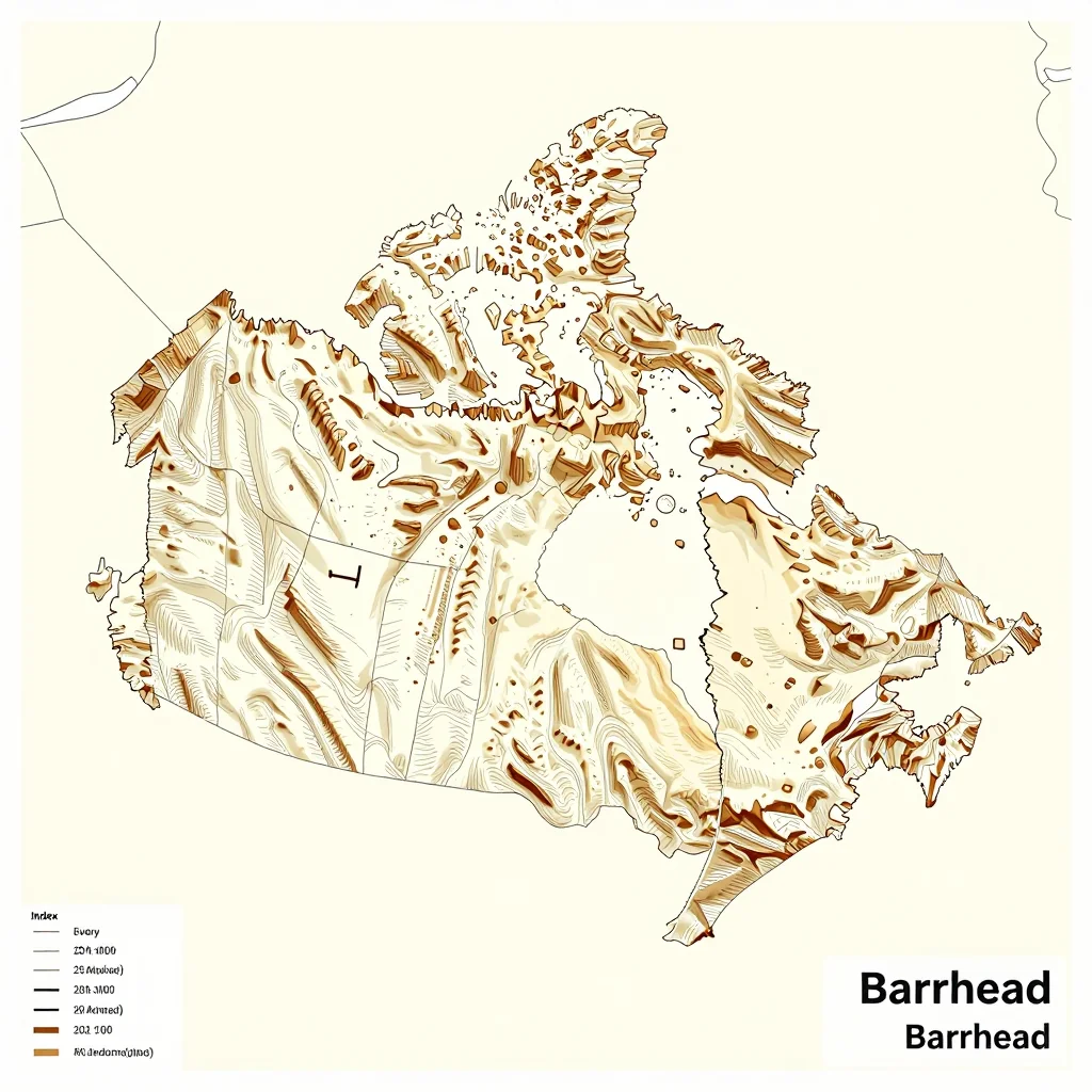 3D topographic map showing elevation contours, mountain ranges, and terrain features of Barrhead, Canada