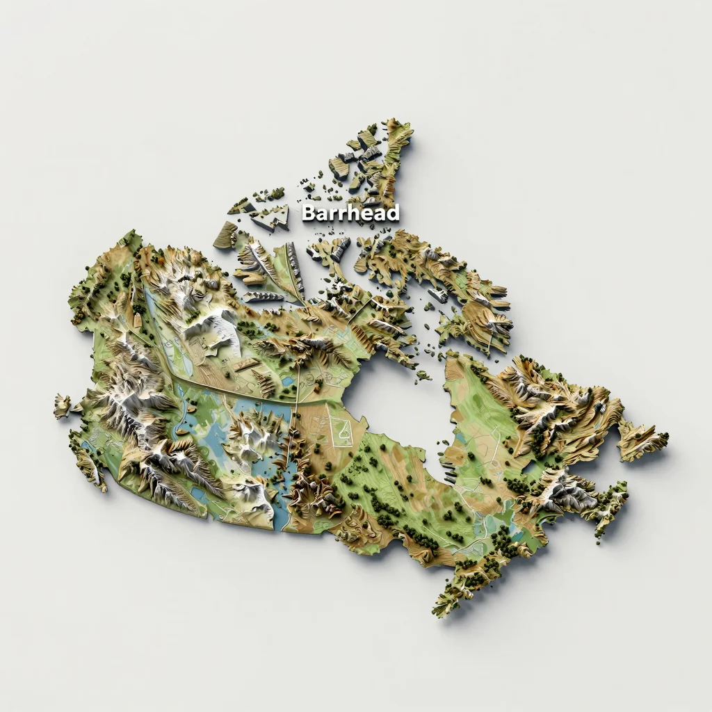Isometric 3D topographic visualization showing elevation and terrain of Barrhead, Canada