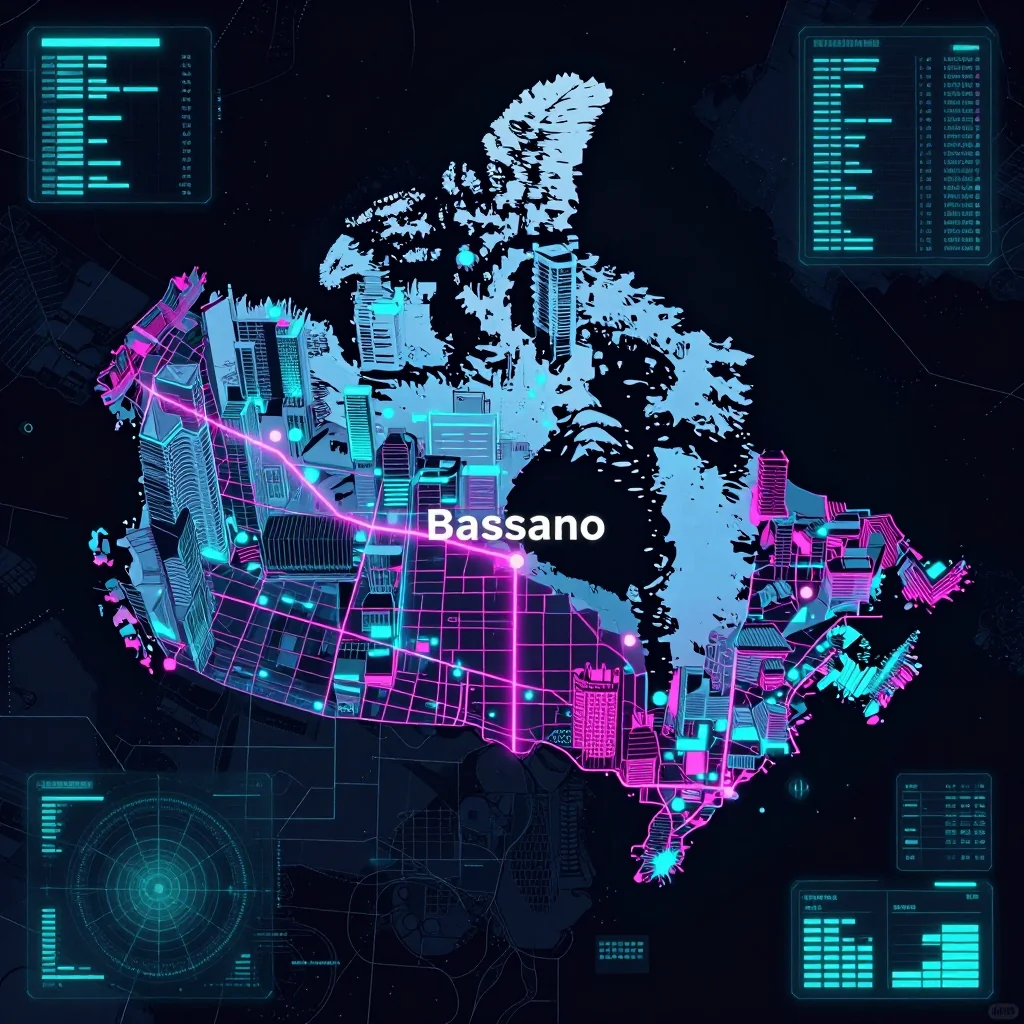 Cyberpunk style digital map of Bassano, Canada with neon grid lines and futuristic UI design