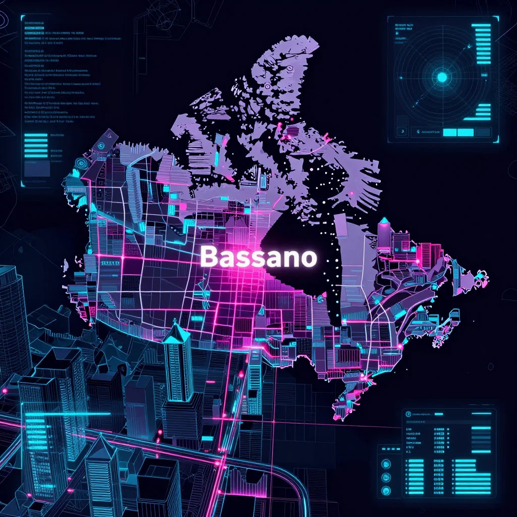 Cyberpunk style digital map of Bassano, Canada with neon grid lines and futuristic UI design