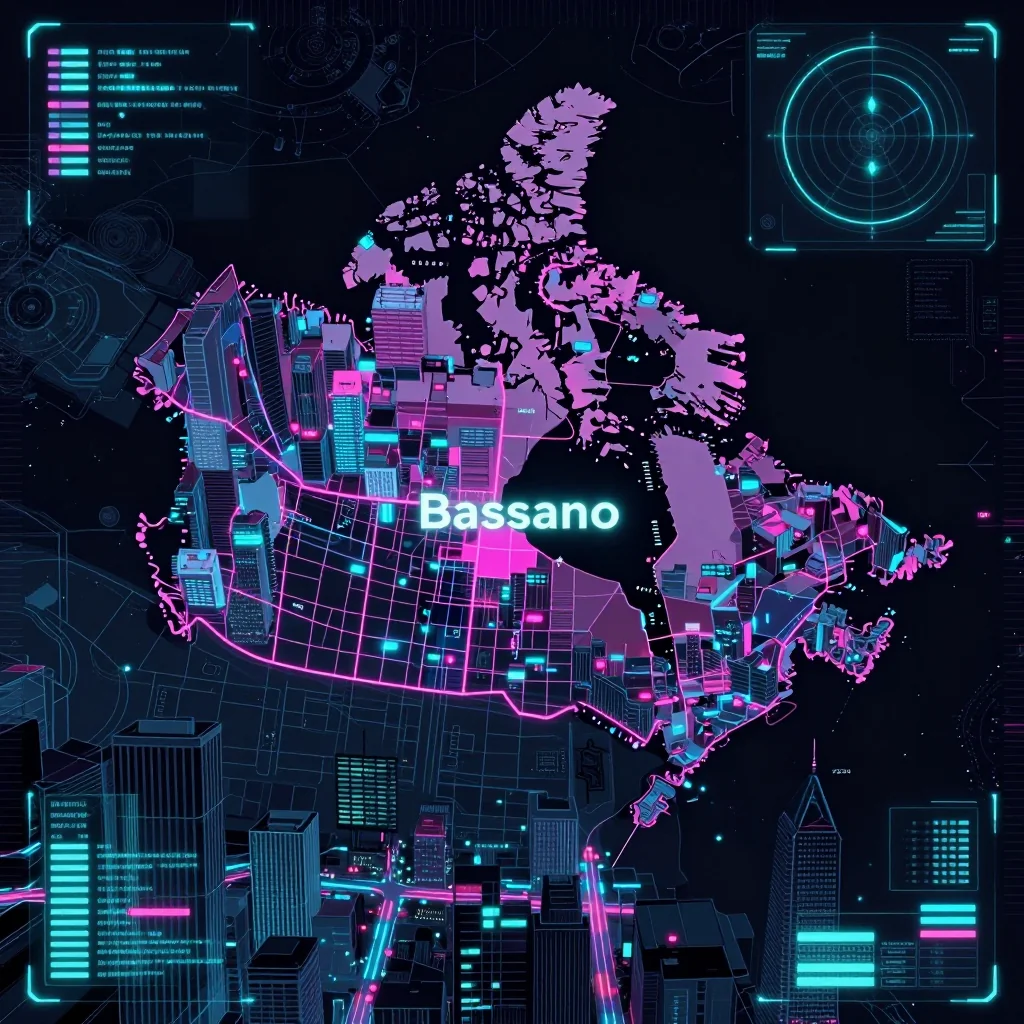 Cyberpunk style digital map of Bassano, Canada with neon grid lines and futuristic UI design