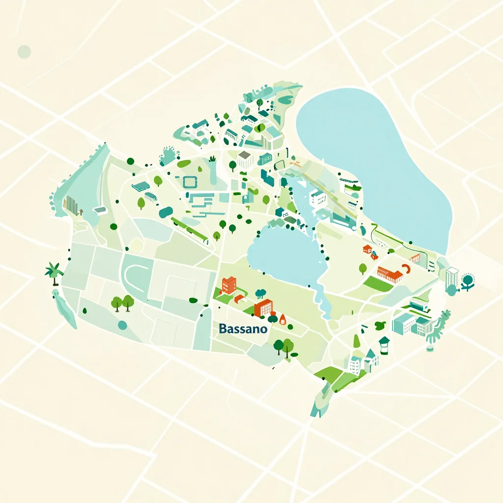 Isometric flat design tourist map of Bassano, Canada showing landmarks, attractions, and points of interest