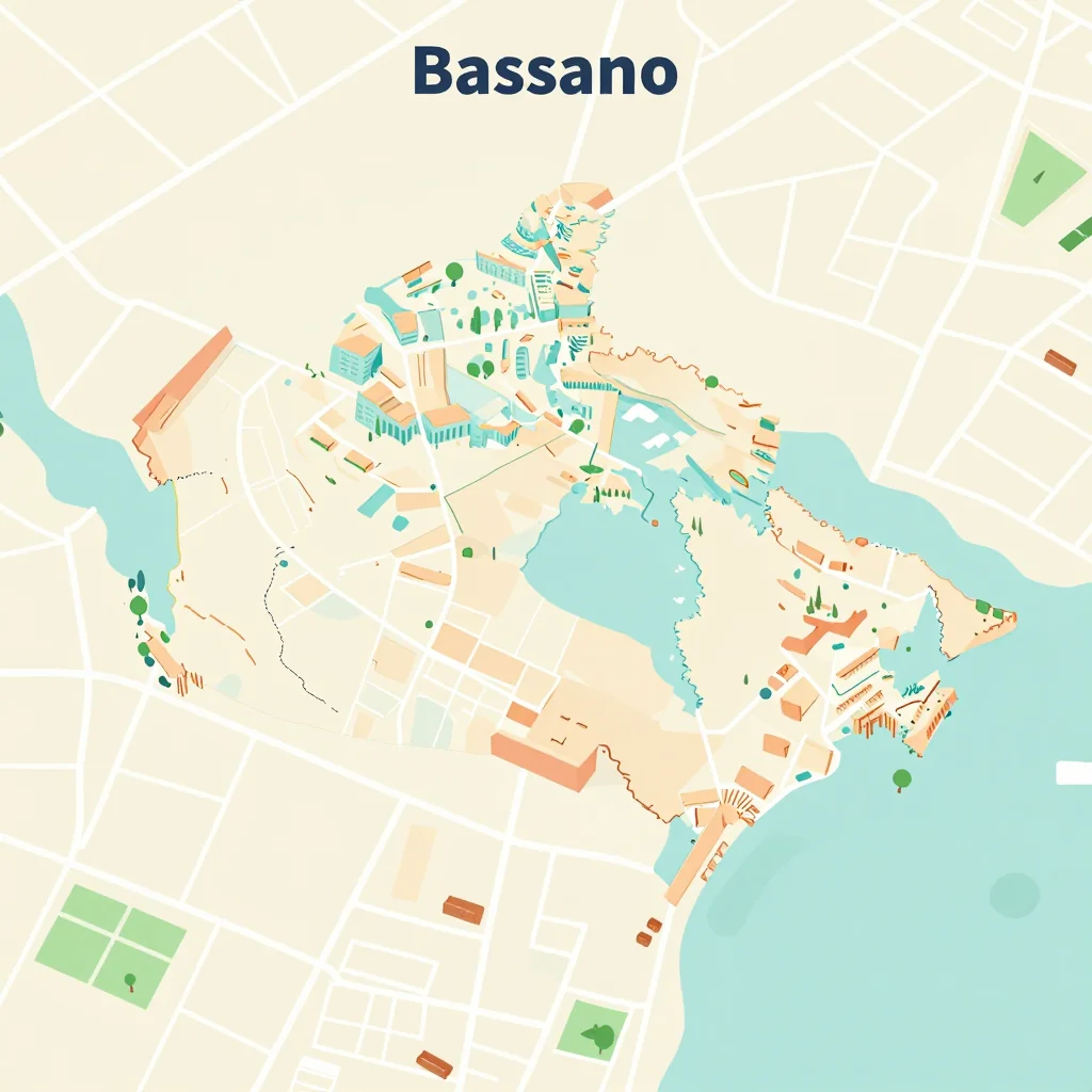 Isometric flat design tourist map of Bassano, Canada showing landmarks, attractions, and points of interest