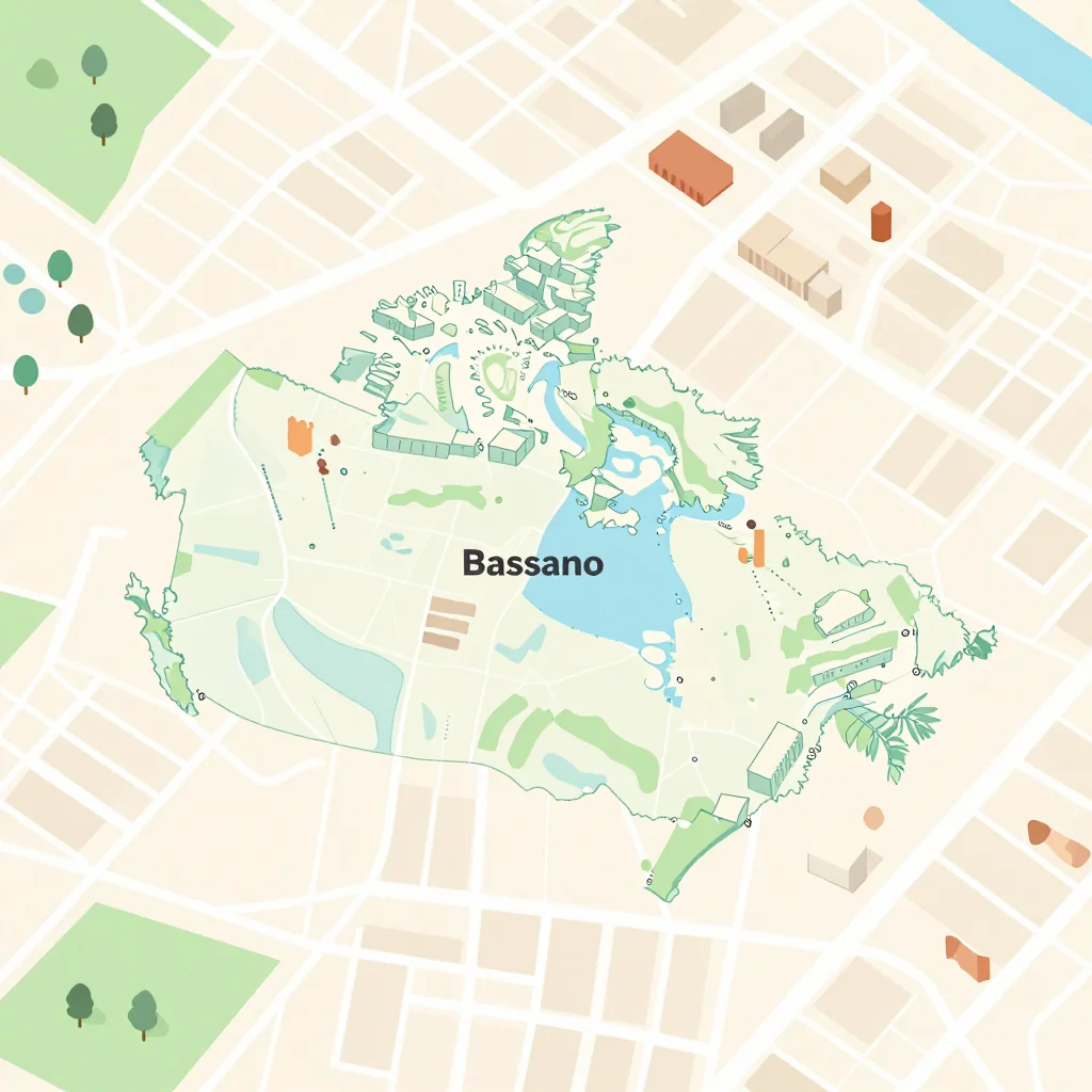 Isometric flat design tourist map of Bassano, Canada showing landmarks, attractions, and points of interest
