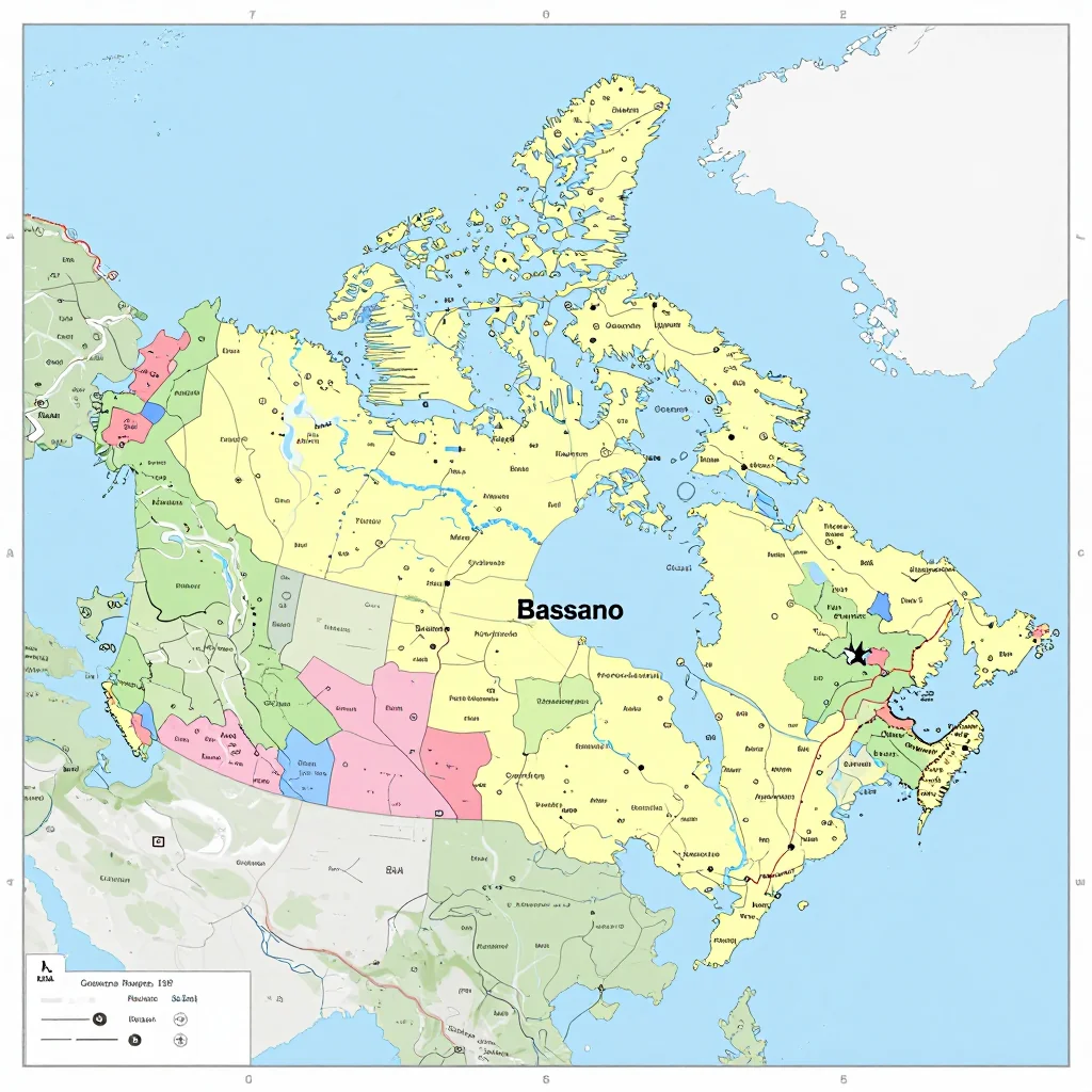 Political map showing borders, administrative divisions, major cities, and capital of Bassano, Canada