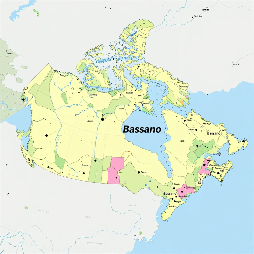 Political map showing borders, administrative divisions, major cities, and capital of Bassano, Canada