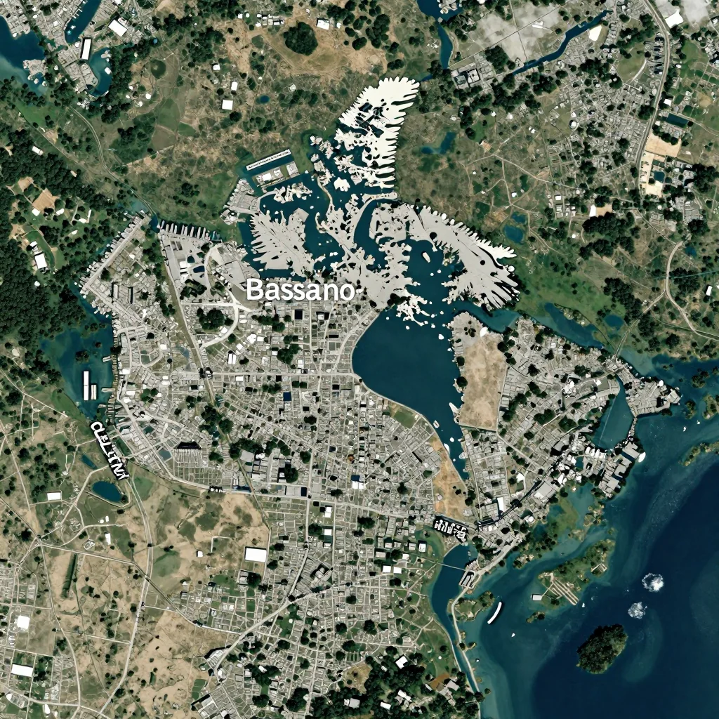 High-resolution satellite image of Bassano, Canada showing land cover, urban areas, and natural features from space