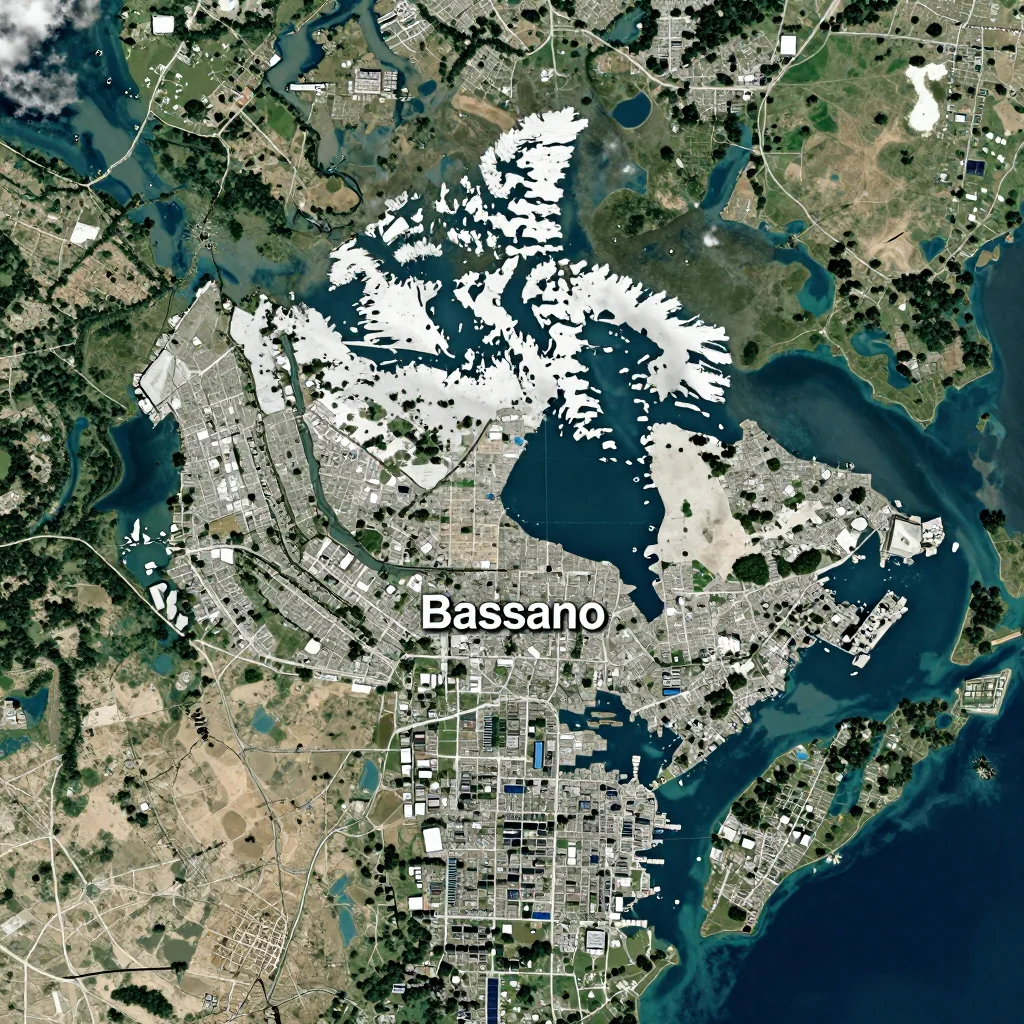 High-resolution satellite image of Bassano, Canada showing land cover, urban areas, and natural features from space