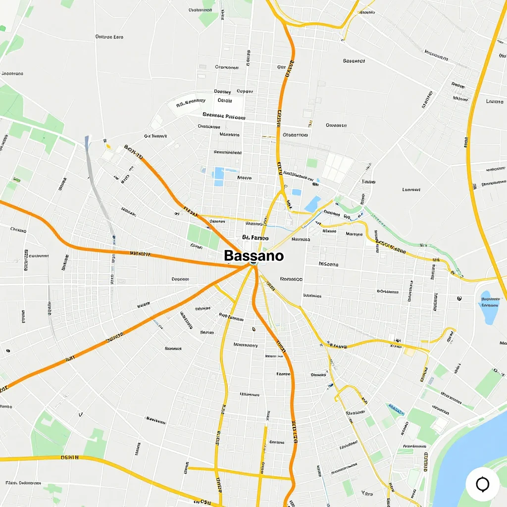 Detailed street map showing roads, highways, neighborhoods, and urban layout of Bassano, Canada