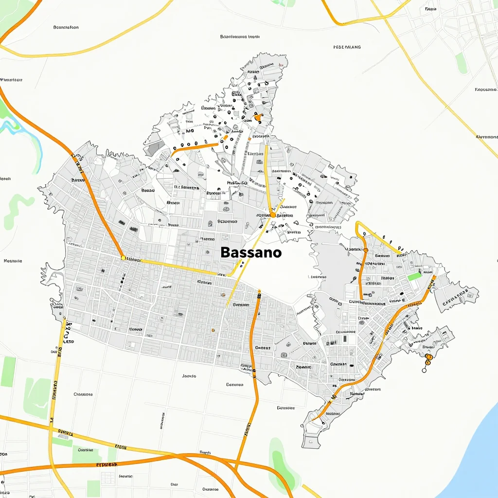 Detailed street map showing roads, highways, neighborhoods, and urban layout of Bassano, Canada