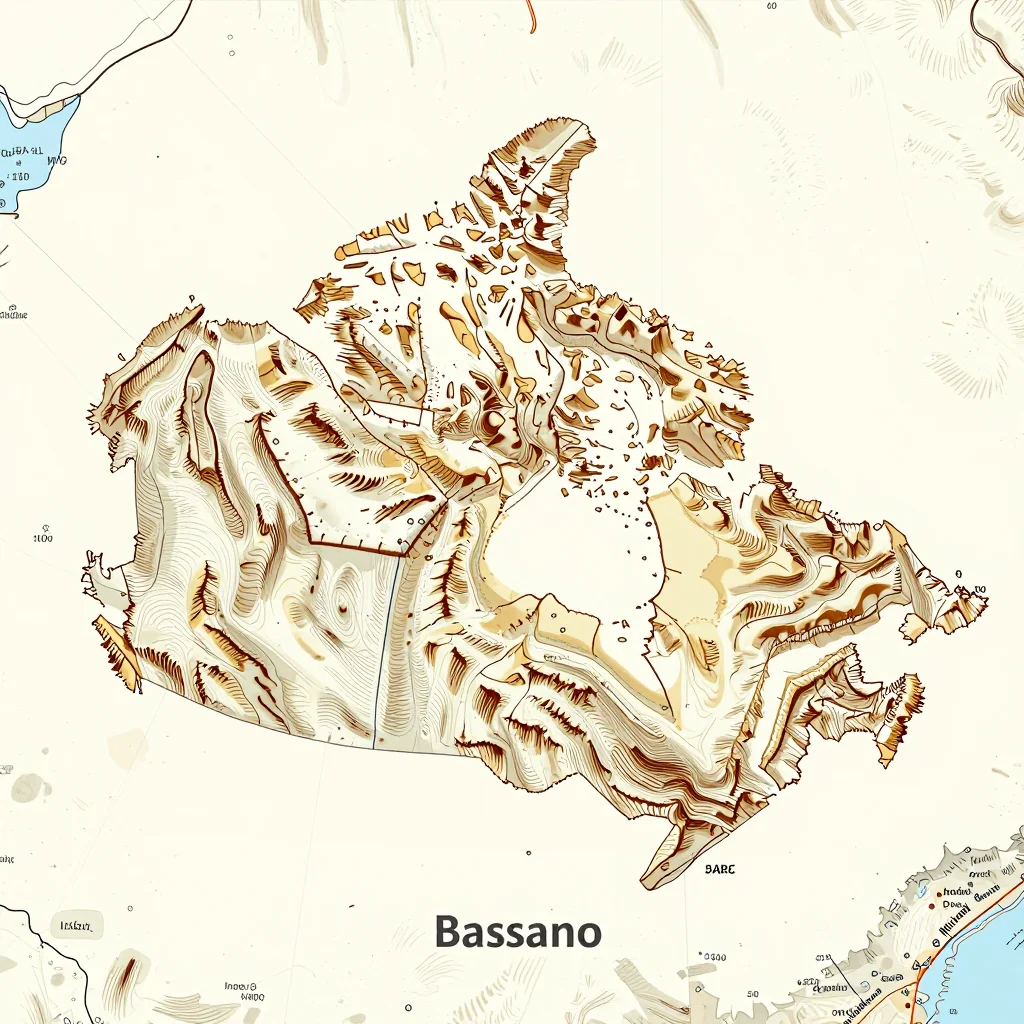 3D topographic map showing elevation contours, mountain ranges, and terrain features of Bassano, Canada