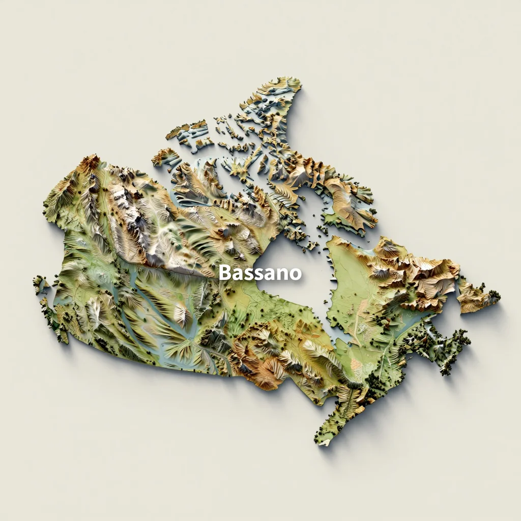 Isometric 3D topographic visualization showing elevation and terrain of Bassano, Canada