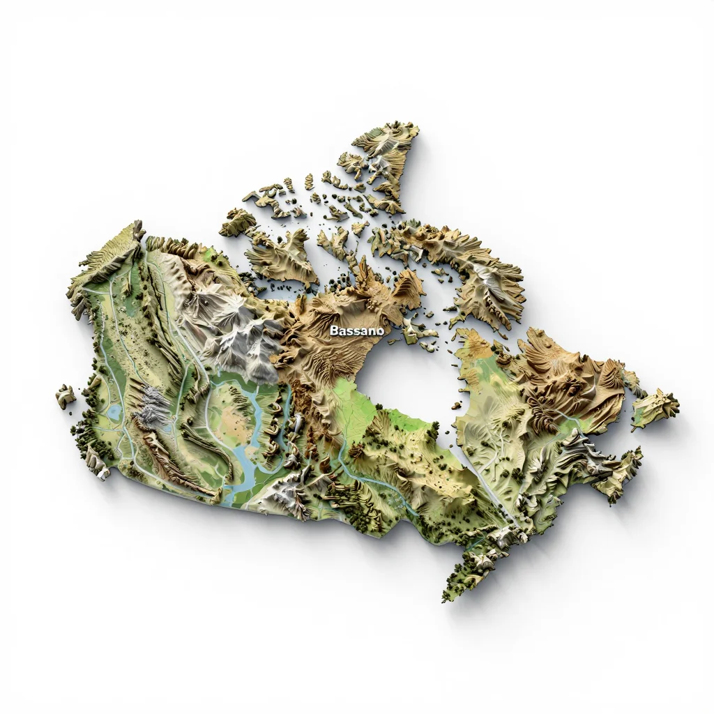 Isometric 3D topographic visualization showing elevation and terrain of Bassano, Canada