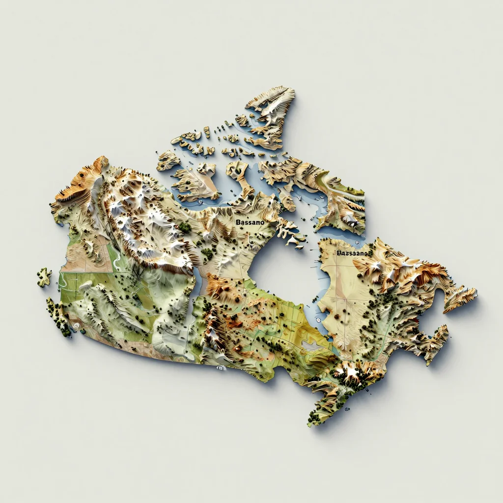 Isometric 3D topographic visualization showing elevation and terrain of Bassano, Canada