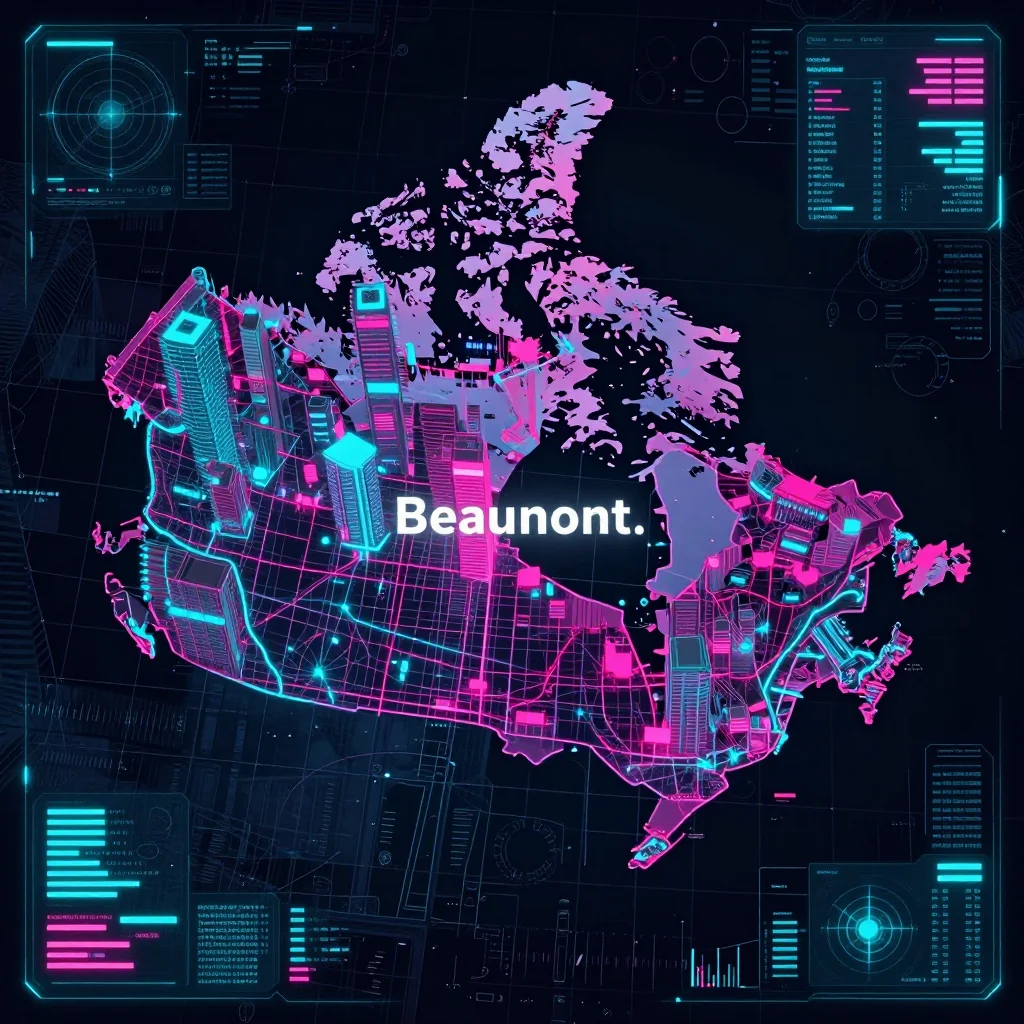 Cyberpunk style digital map of Beaumont, Canada with neon grid lines and futuristic UI design