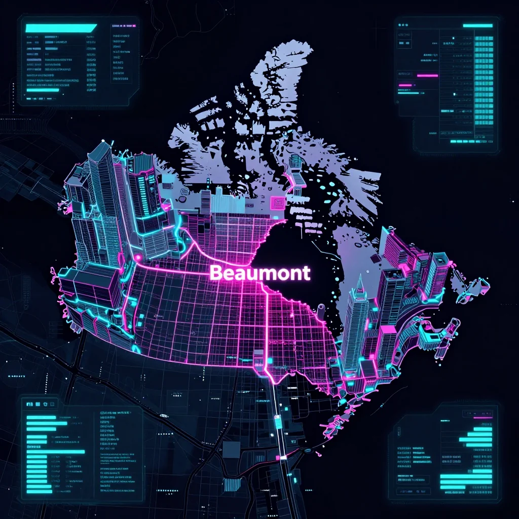 Cyberpunk style digital map of Beaumont, Canada with neon grid lines and futuristic UI design