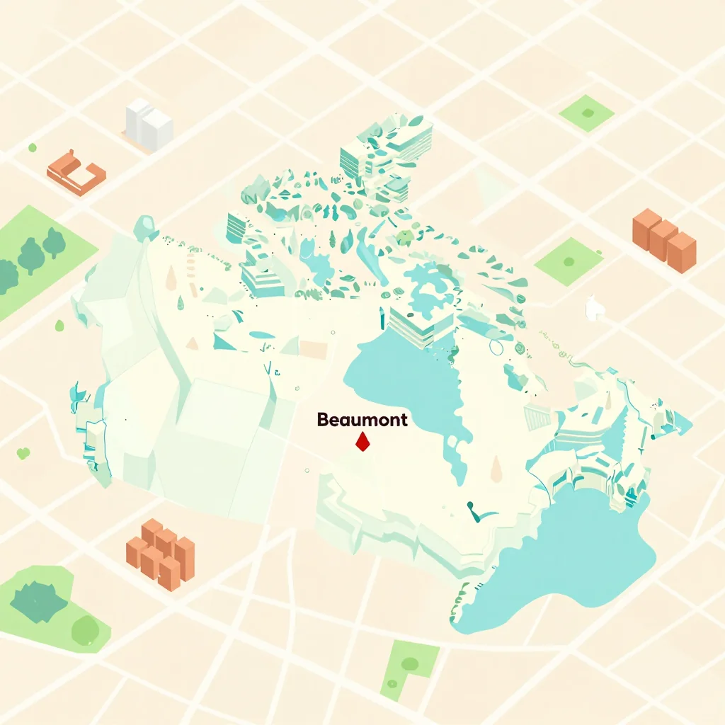 Isometric flat design tourist map of Beaumont, Canada showing landmarks, attractions, and points of interest