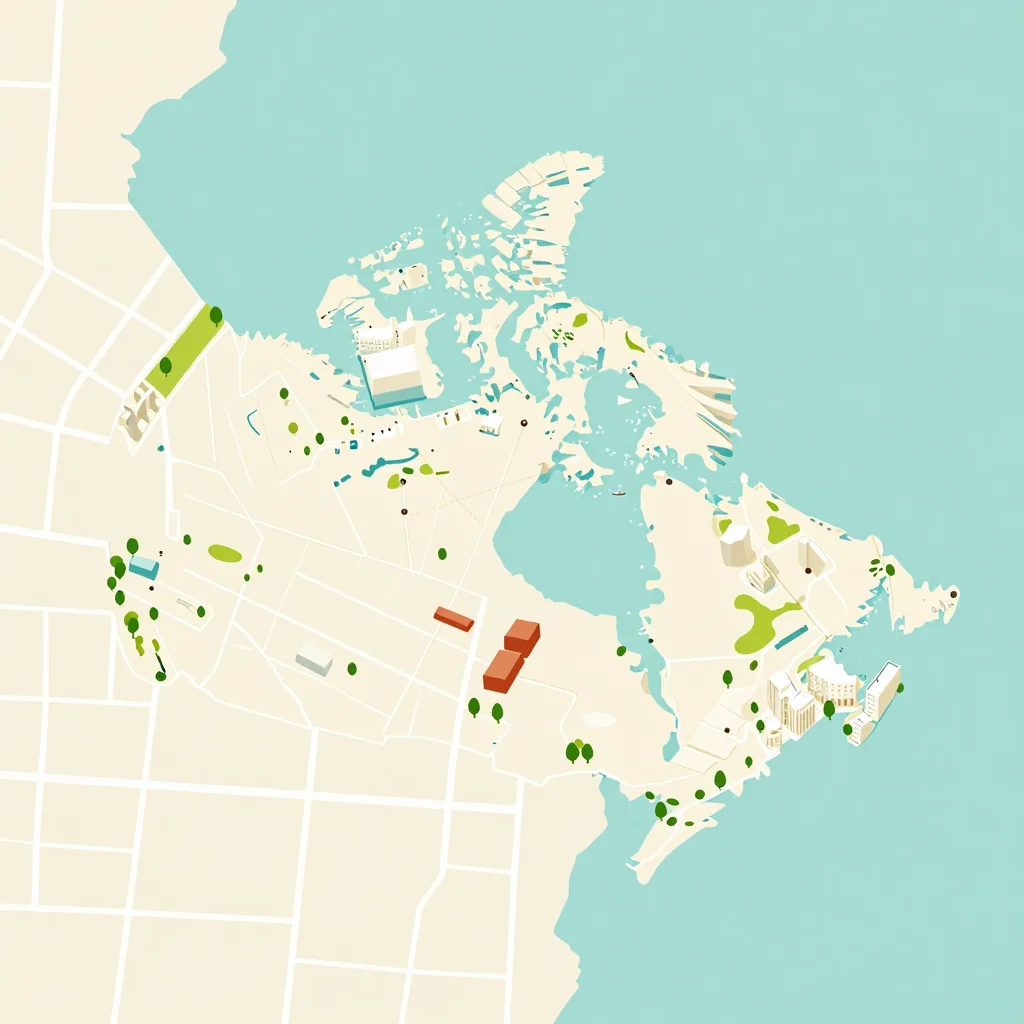 Isometric flat design tourist map of Beaumont, Canada showing landmarks, attractions, and points of interest
