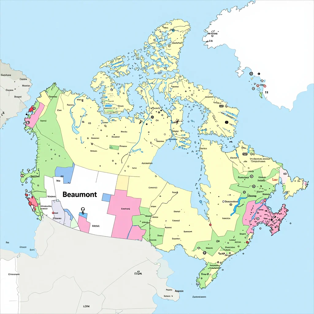 Political map showing borders, administrative divisions, major cities, and capital of Beaumont, Canada