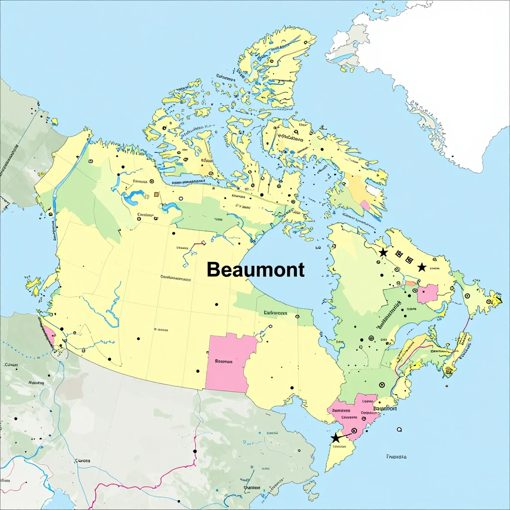 Political map showing borders, administrative divisions, major cities, and capital of Beaumont, Canada