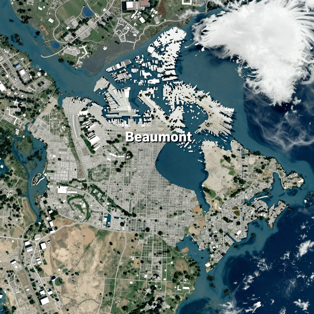 High-resolution satellite image of Beaumont, Canada showing land cover, urban areas, and natural features from space