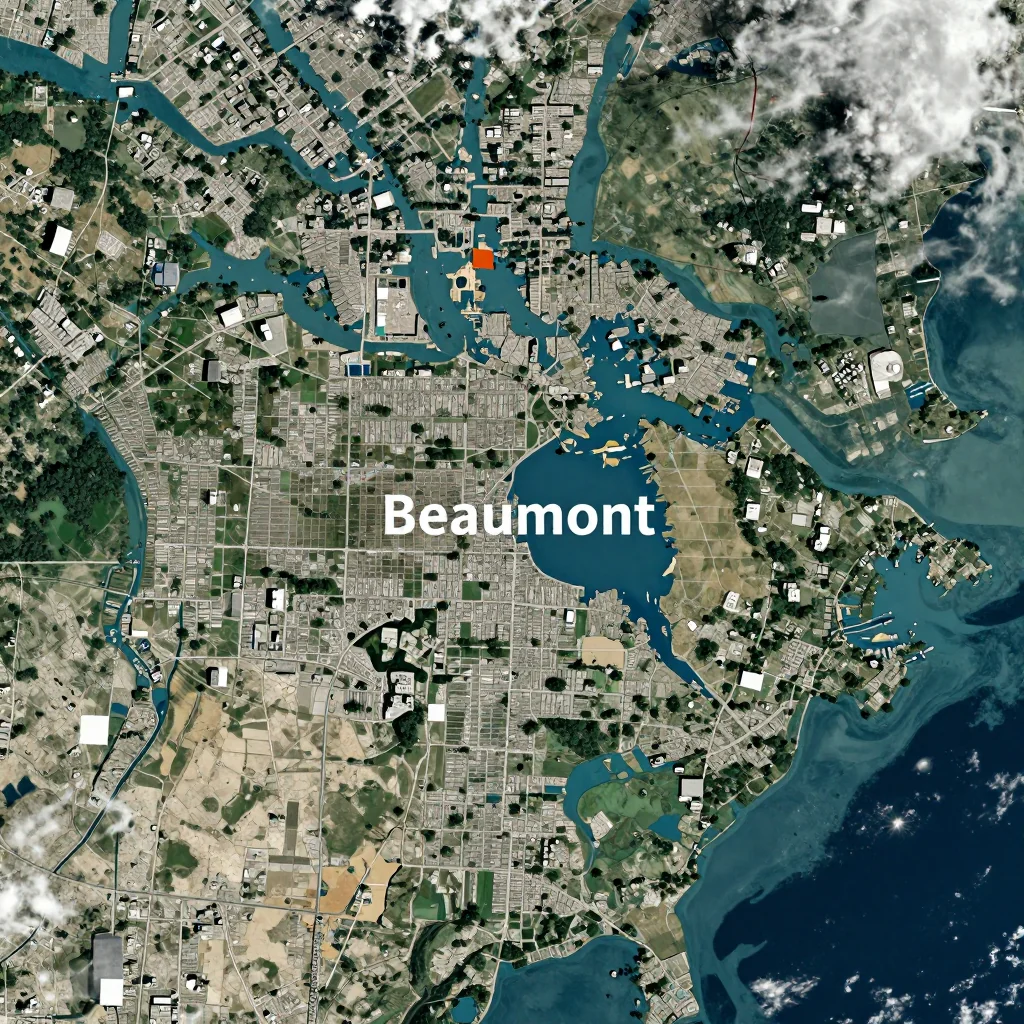 High-resolution satellite image of Beaumont, Canada showing land cover, urban areas, and natural features from space