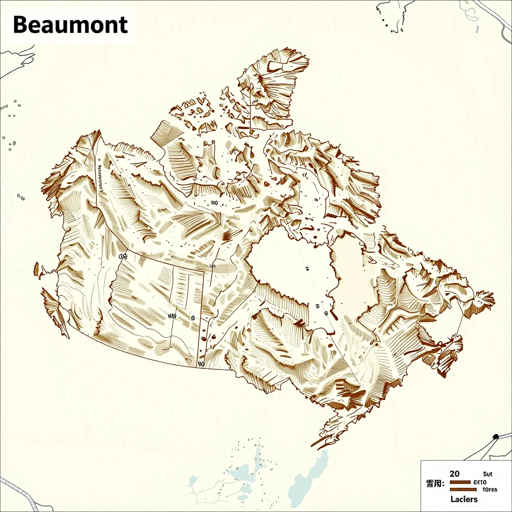 3D topographic map showing elevation contours, mountain ranges, and terrain features of Beaumont, Canada