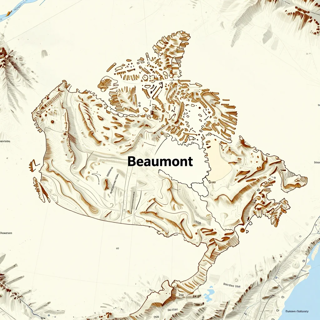 3D topographic map showing elevation contours, mountain ranges, and terrain features of Beaumont, Canada