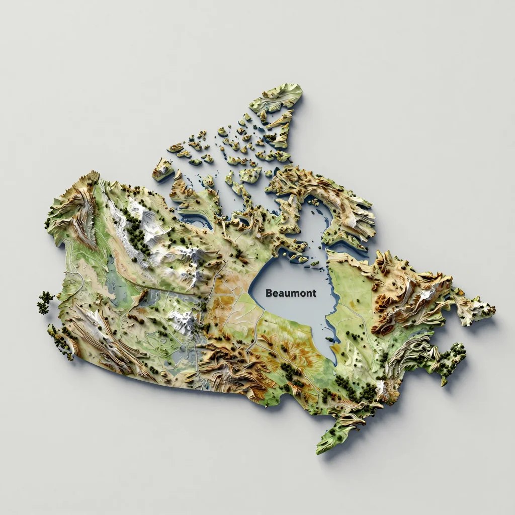 Isometric 3D topographic visualization showing elevation and terrain of Beaumont, Canada