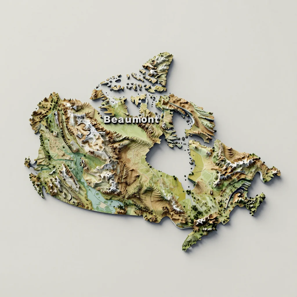 Isometric 3D topographic visualization showing elevation and terrain of Beaumont, Canada