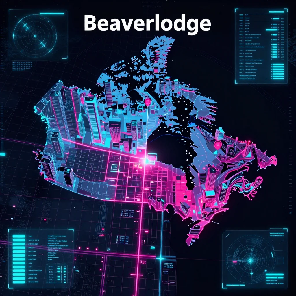 Cyberpunk style digital map of Beaverlodge, Canada with neon grid lines and futuristic UI design